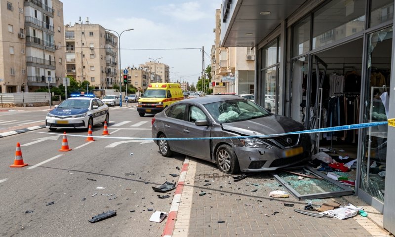 רכב נפגע ממשאית - ודהר לתוך חנות בגדים בקריית גת