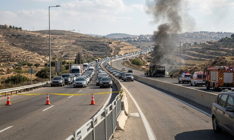 שריפת אוטובוס סוגרת את כביש 1 בין ירושלים למעלה אדומים
