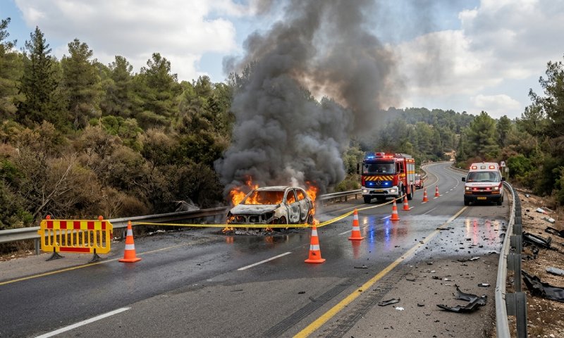 תאונה ביצהר: רכב עלה באש והלהבות התקרבו לבית ספר