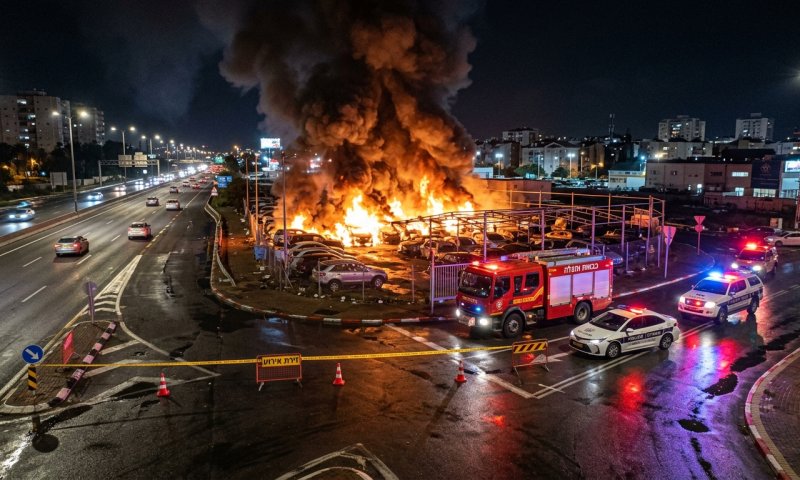 שריפה גדולה במגרש רכבים בחדרה: עובד נמלט מקרוון בוער
