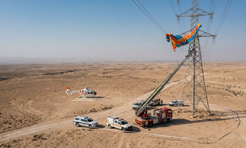 צנחן רחיפה נתקע בכבלי מתח גבוה בנגב וחולץ במנוף