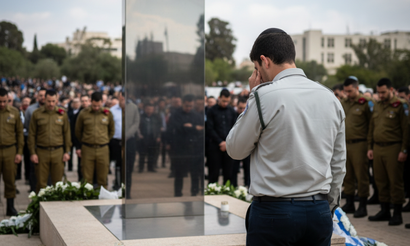 הראל ארלנגר, בנו של רס"ר נחמיה ארלנגר ז"ל, אומר קדיש בקול חנוק מדמעות