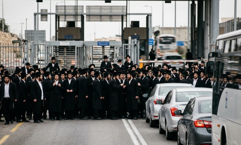 הפגינו על "מעצר עריק": עשרות חרדים חסמו את מחסום מכבים