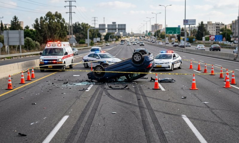 רכב התהפך בדרך רבין בפתח תקווה, נהג כבן 40 נפצע בינוני