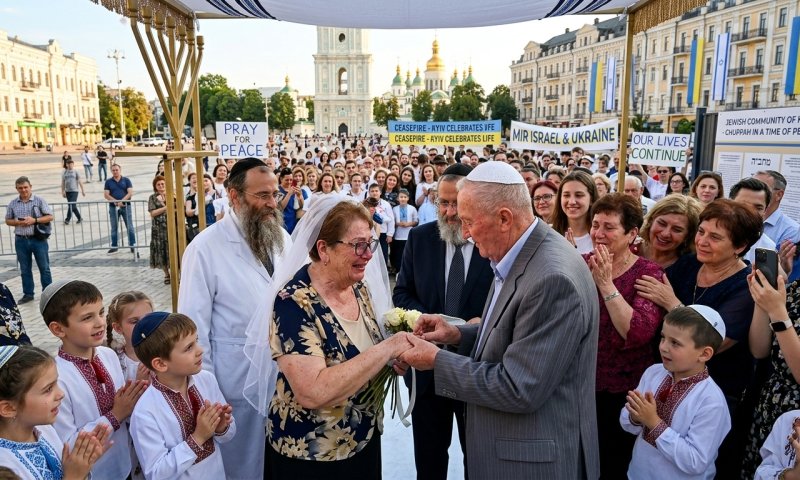 זוג בני 92 נישא בחתונה יהודית המונית בקייב בצל הפסקת האש