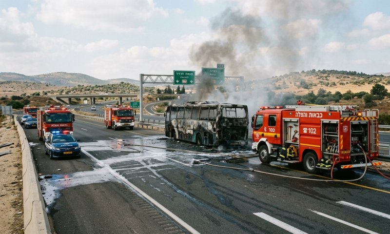 אוטובוס עלה באש סמוך לזרזיר - האש התפשטה לשטח פתוח
