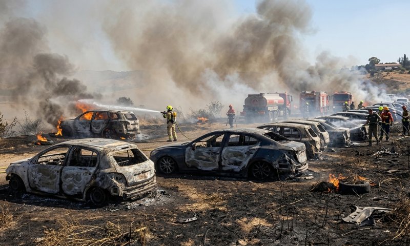 70 רכבים עלו באש ליד בית שאן: שריפת קוצים פשטה לחניון