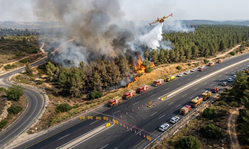שריפת ענק ביער בן שמן: האש מתקרבת במהירות לכביש 1 ו-6